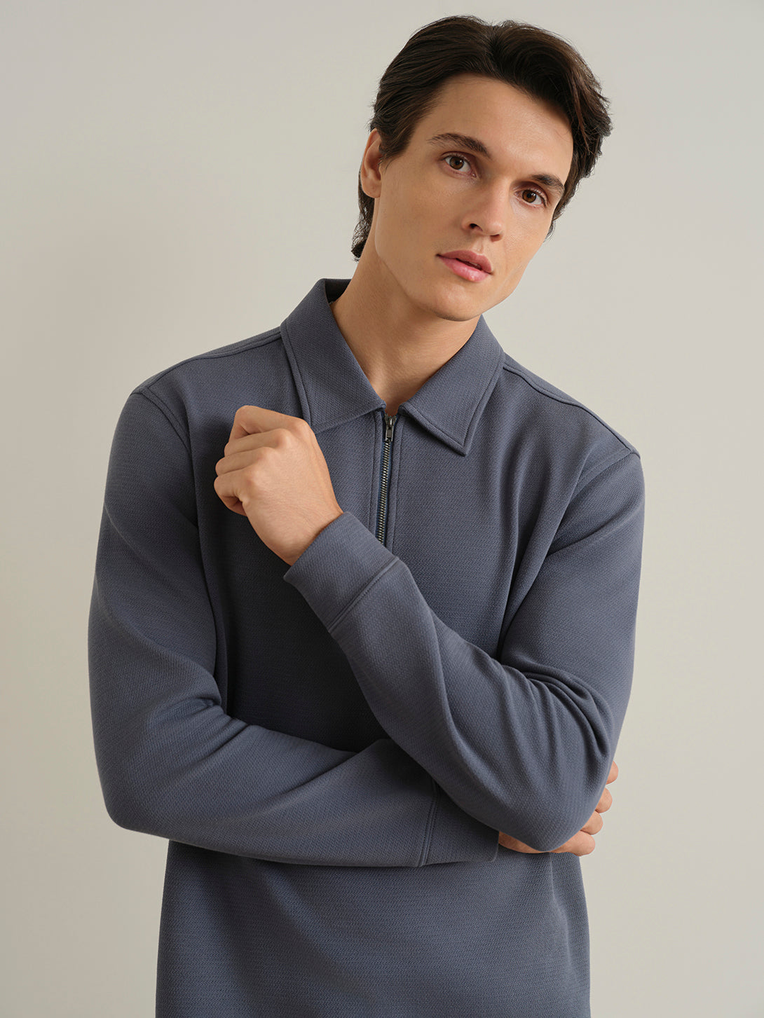 Iron Blue Lind Zip-up Polo Mens Quarter Zip Polo Long Sleeve ONS Clothing 