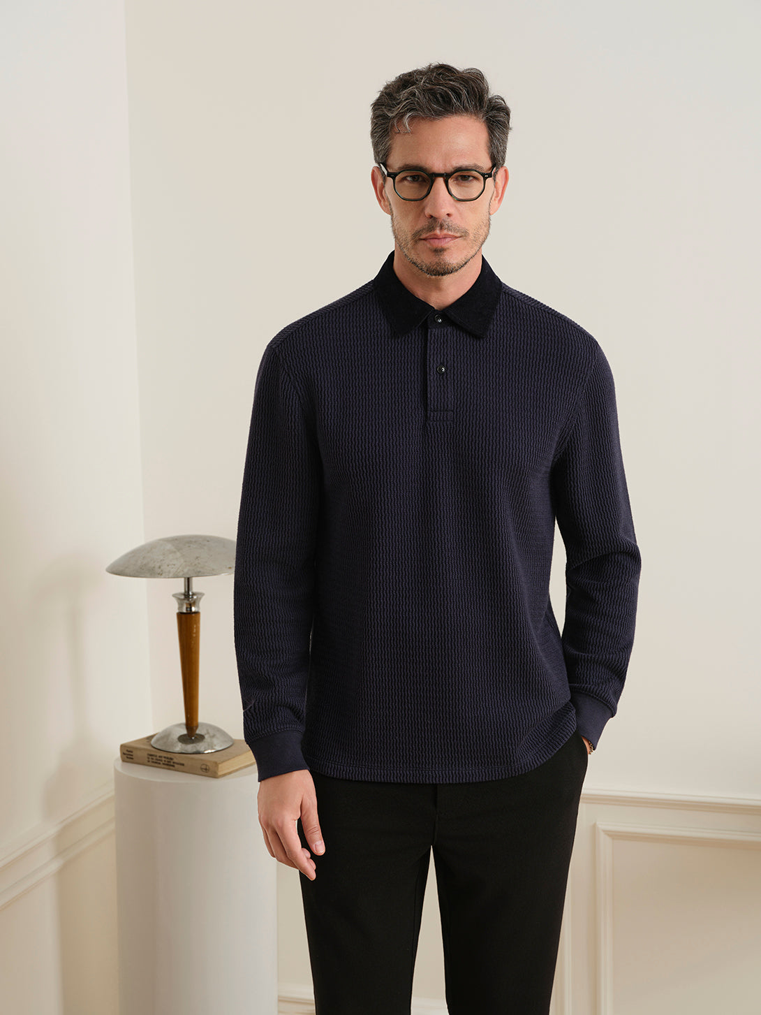 Navy Lind Jacquard Rugby Polo Mens Long Sleeve Rugby Polo Shirt ONS Clothing 
