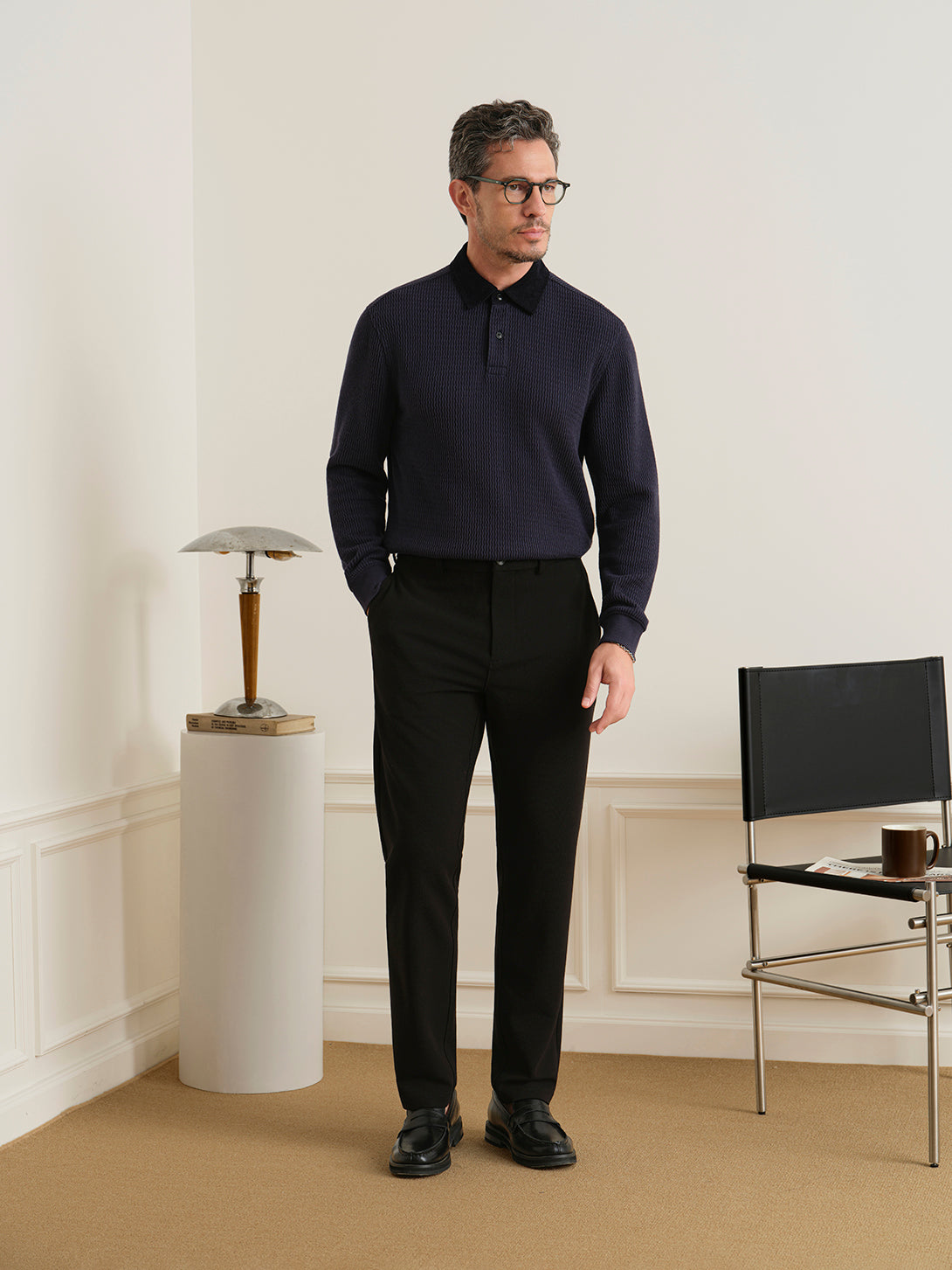 Navy Lind Jacquard Rugby Polo Mens Long Sleeve Rugby Polo Shirt ONS Clothing 