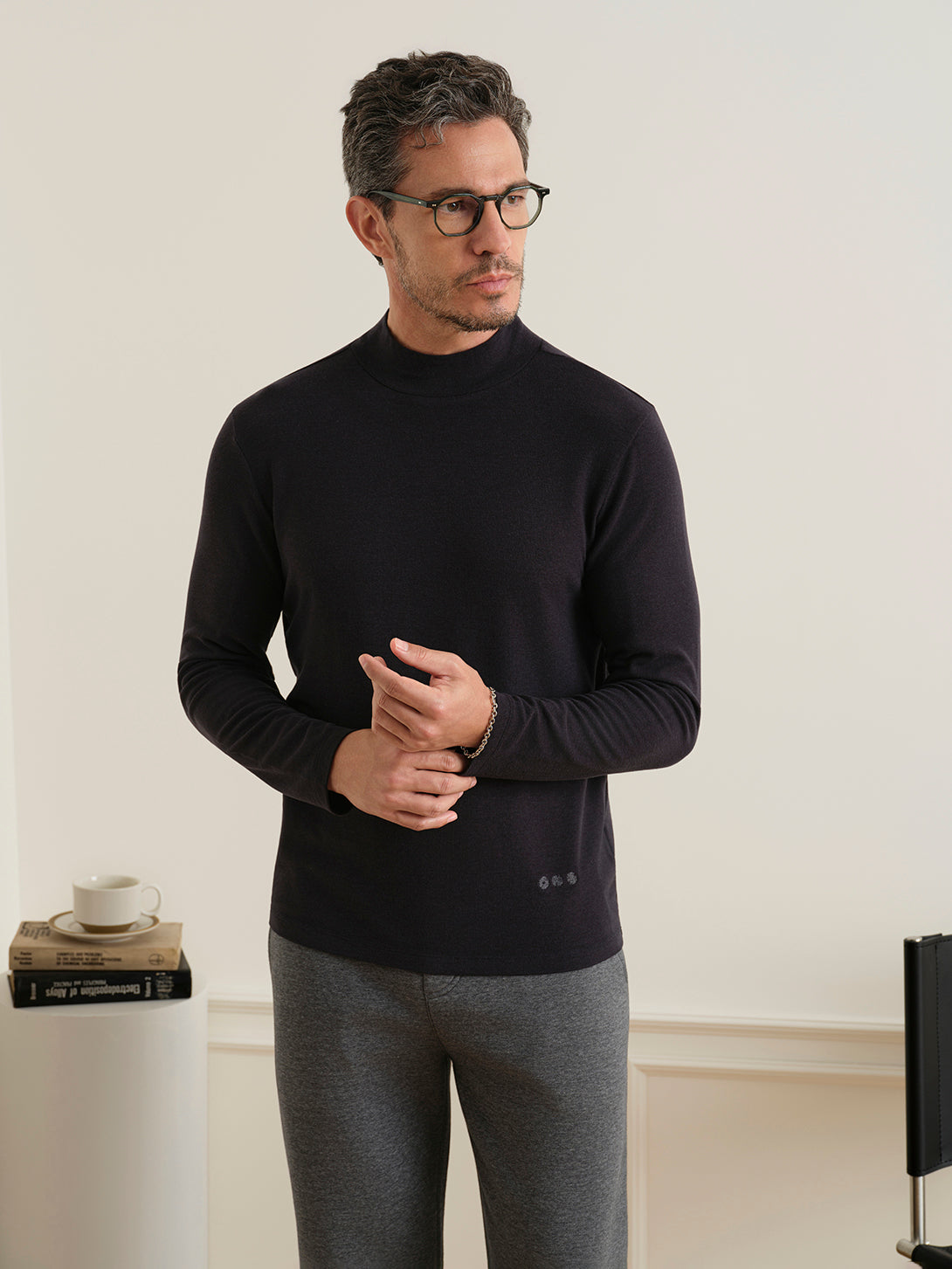 Dk Navy Acton Mock Neck Tee Mens Long Sleeve Lightweight T Shirt Mock Neck Pullover ONS Clothing