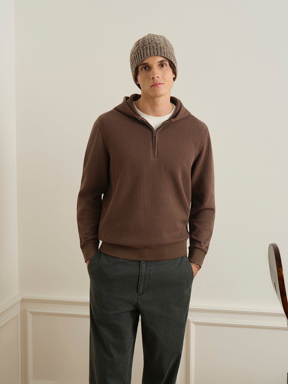 Dk Brown Deon Crochet Hoodie Sweatshirt Mens Quarter Zip Hooded Sweatshirt ONS Clothing