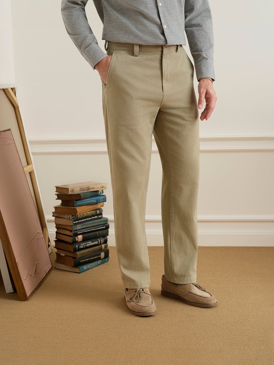 Khaki Wythe Brushed Cotton Trousers Mens Straight Fit Khaki Trouser Pants ONS Clothing