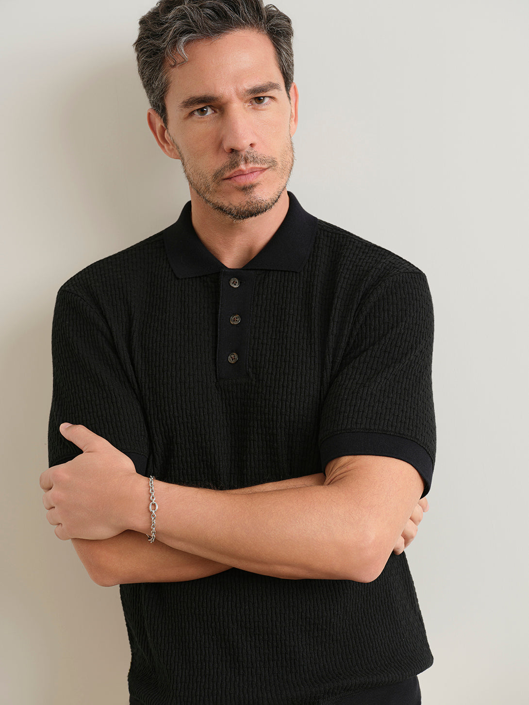 Black Lind Tuck Stitch Polo mens Knit Short Sleeve Polo Shirt ONS Clothing 