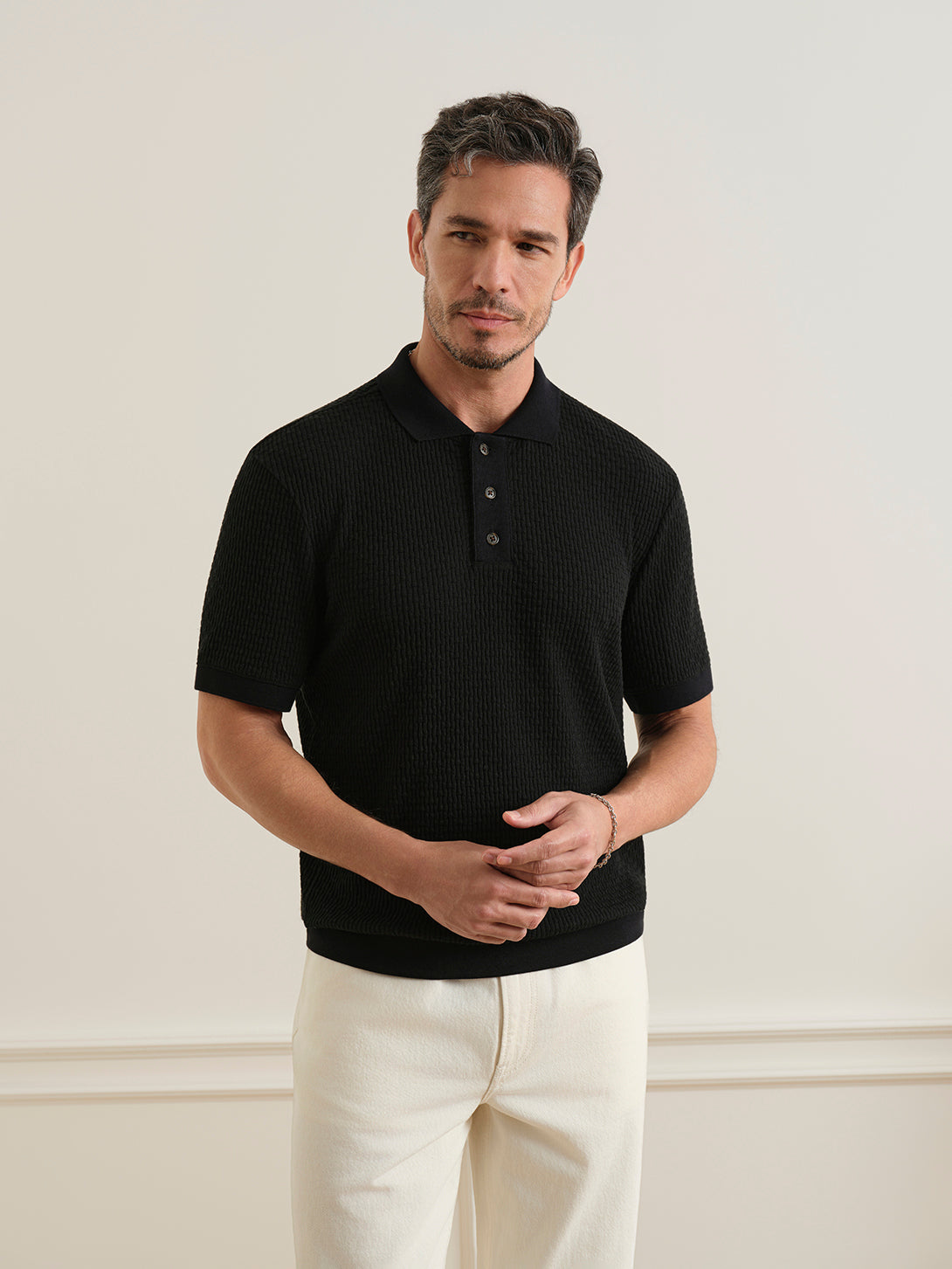 Black Lind Tuck Stitch Polo mens Knit Short Sleeve Polo Shirt ONS Clothing 