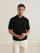 Black Lind Tuck Stitch Polo mens Knit Short Sleeve Polo Shirt ONS Clothing 