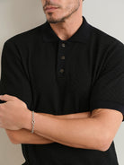 Black Lind Tuck Stitch Polo mens Knit Short Sleeve Polo Shirt ONS Clothing 