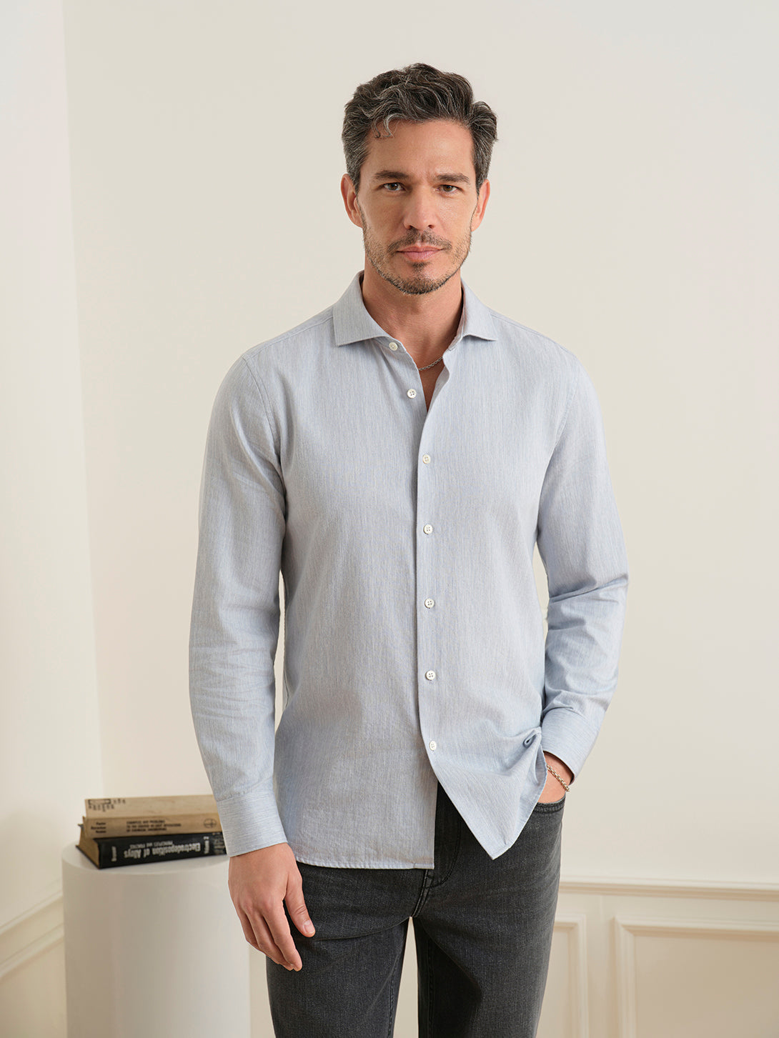 Steel Blue Heather Arthur Heather Shirt Mens Woven Button Up Shirt ONS Clothing