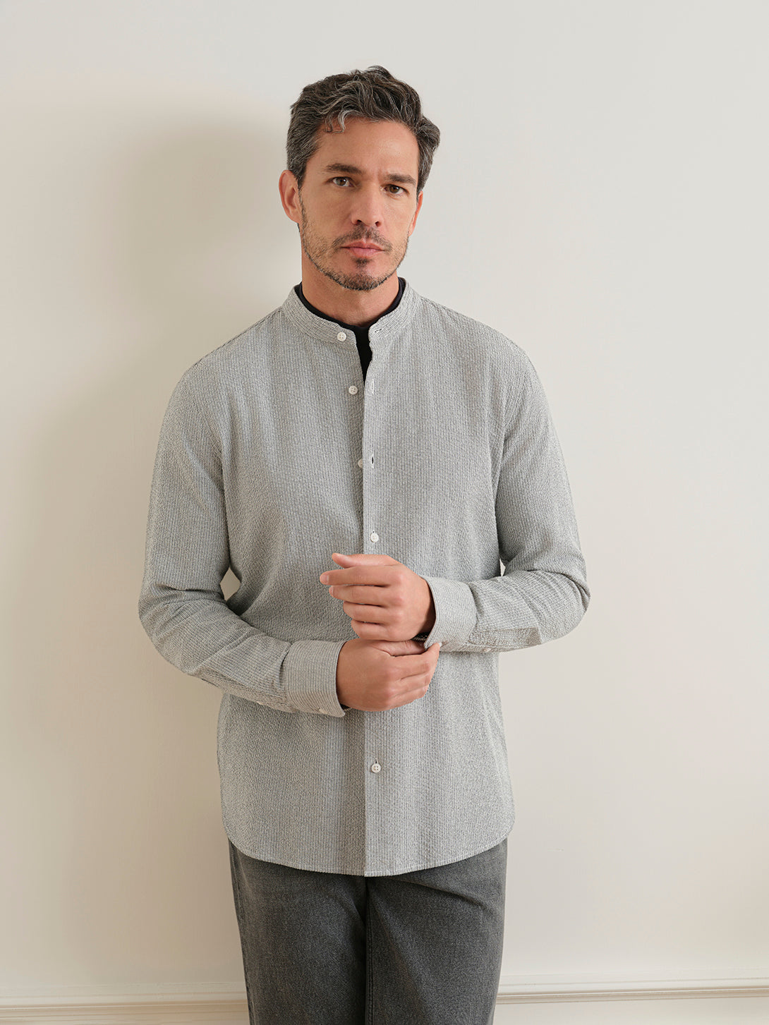 Bright White/Black Stripe Aleks Seersucker Shirt Mens Band Collar Woven Shirt ONS Clothing