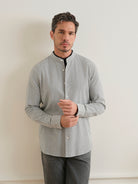 Bright White/Black Stripe Aleks Seersucker Shirt Mens Band Collar Woven Shirt ONS Clothing