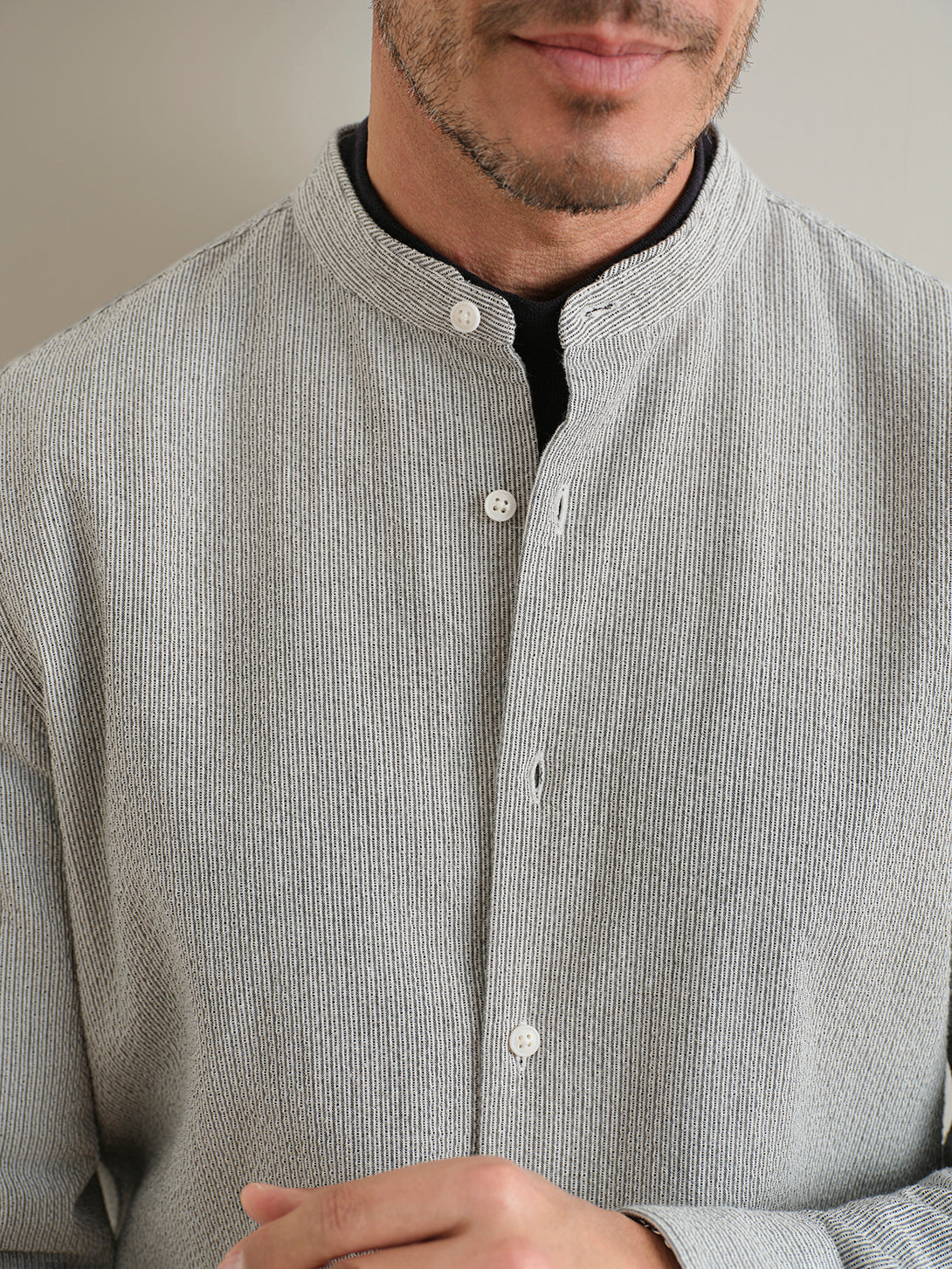Bright White/Black Stripe Aleks Seersucker Shirt Mens Band Collar Woven Shirt ONS Clothing