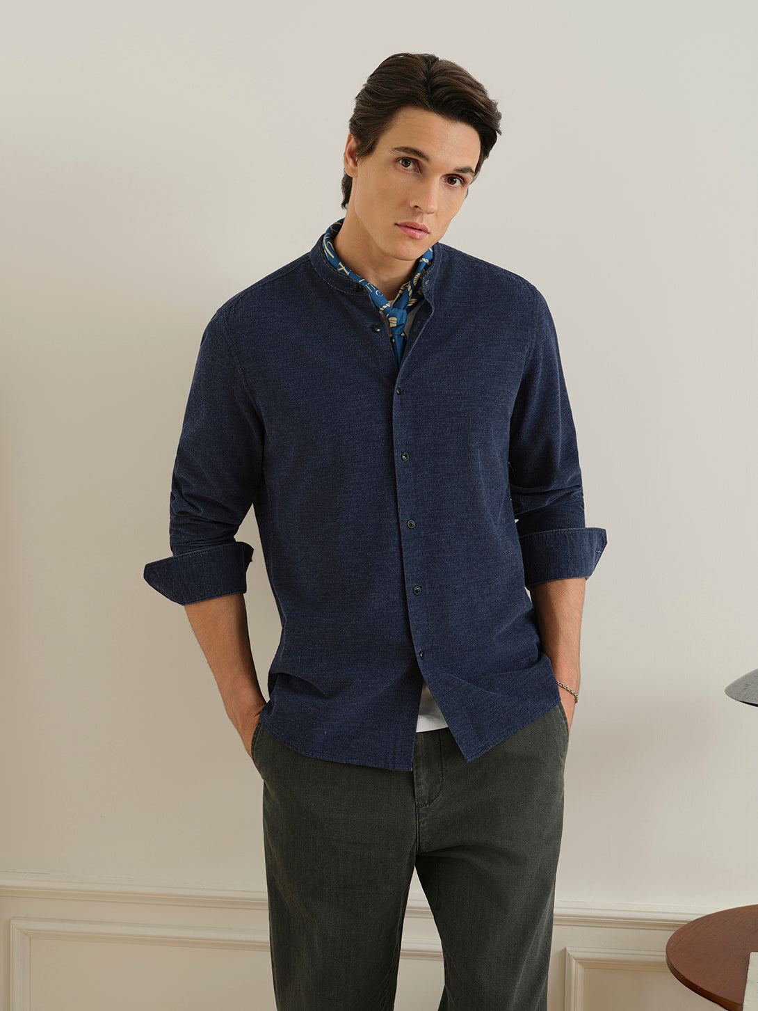 Navy Heather Aleks Heather Corduroy Shirt Mens Band Collar Woven Button Up Shirt ONS Clothing 