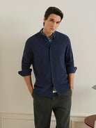 Navy Heather Aleks Heather Corduroy Shirt Mens Band Collar Woven Button Up Shirt ONS Clothing 
