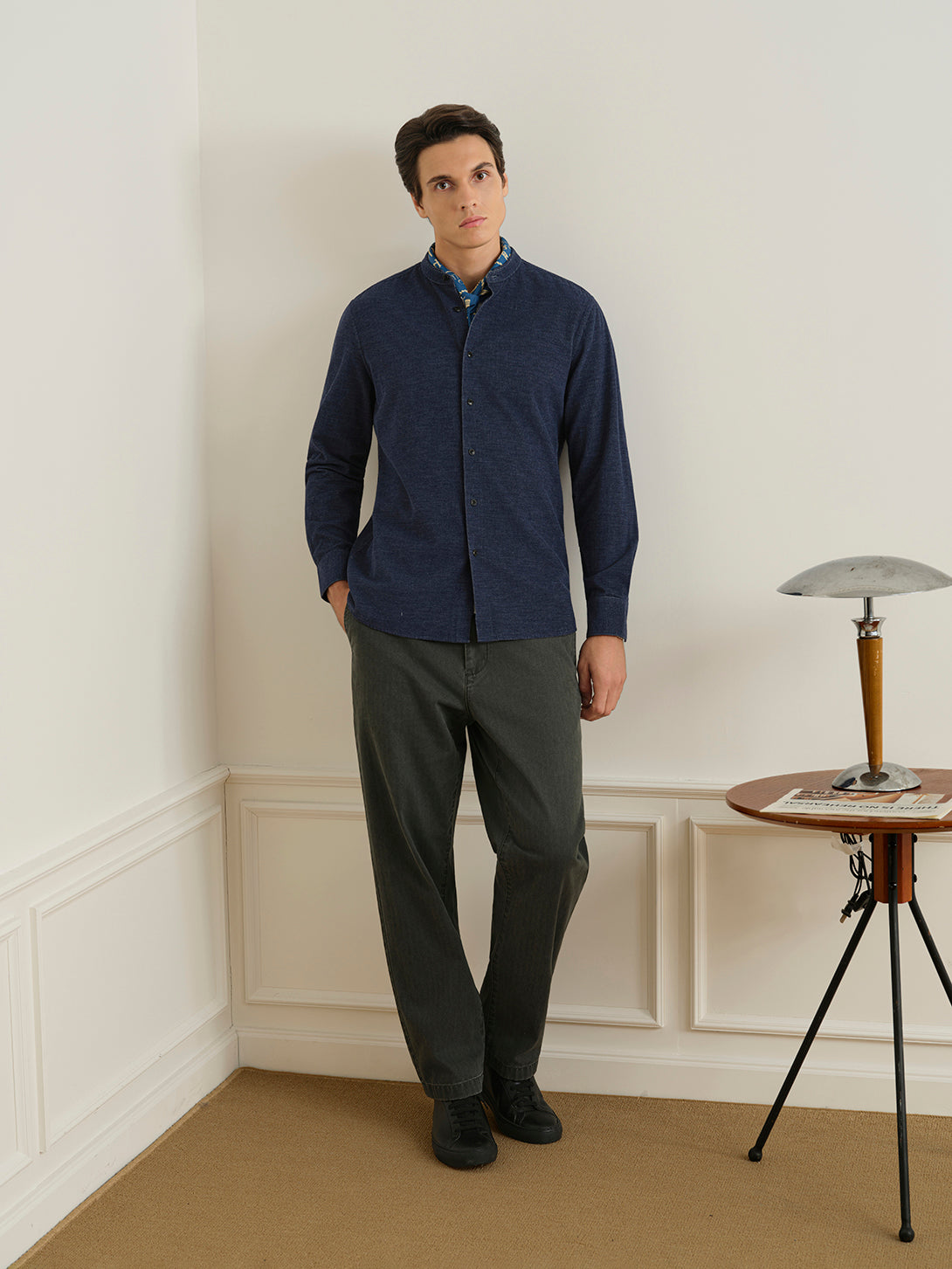 Navy Heather Aleks Heather Corduroy Shirt Mens Band Collar Woven Button Up Shirt ONS Clothing 