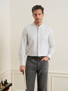 Lt Grey Heather Aleks Heather Oxford Shirt Mens Oxford Cotton Band Collar Woven Shirt ONS Clothing