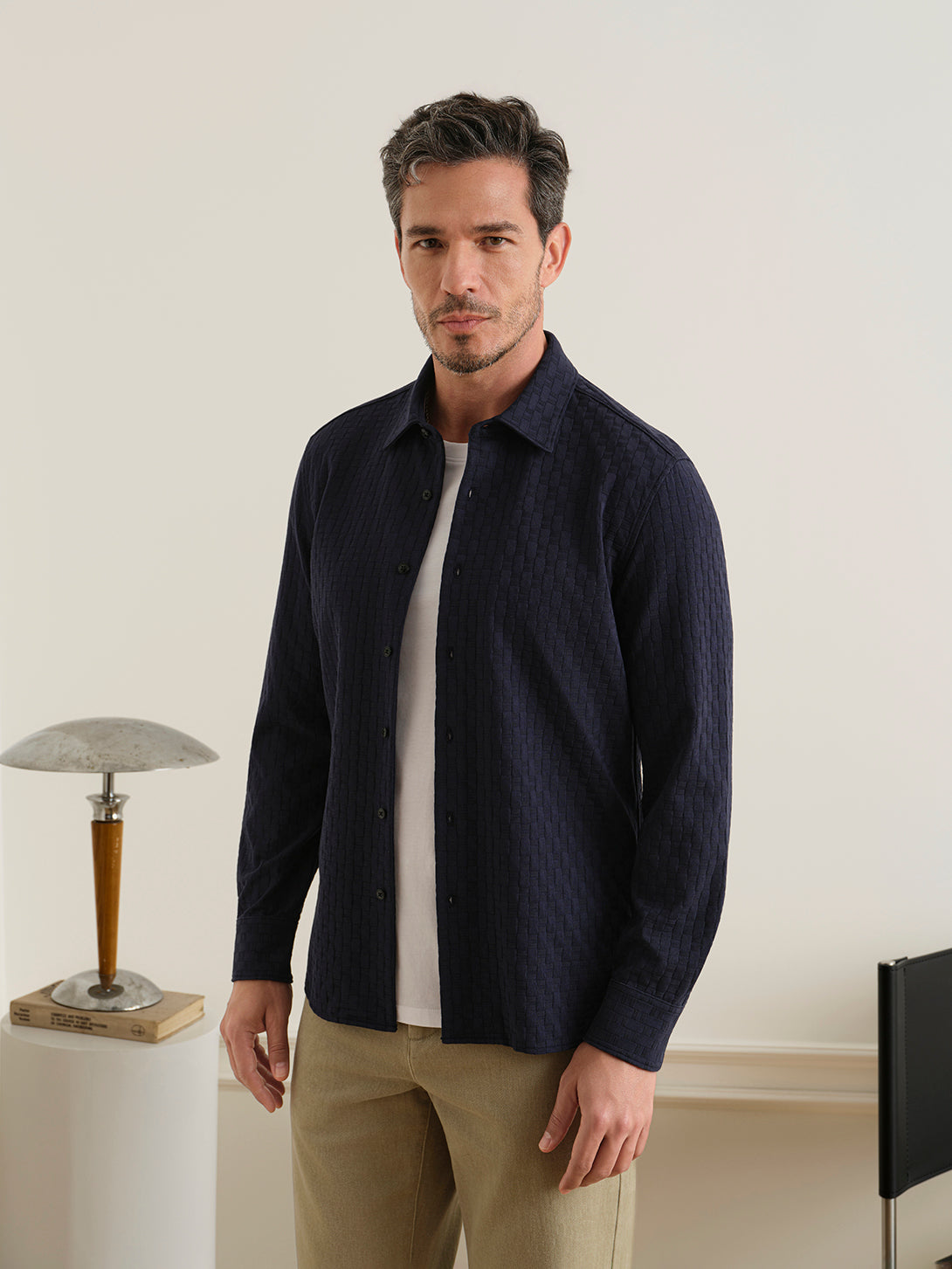 Dk Navy Darcy Geo Jacquard Shirt Mens Point Collar Button Up Woven Shirt ONS Clothing 