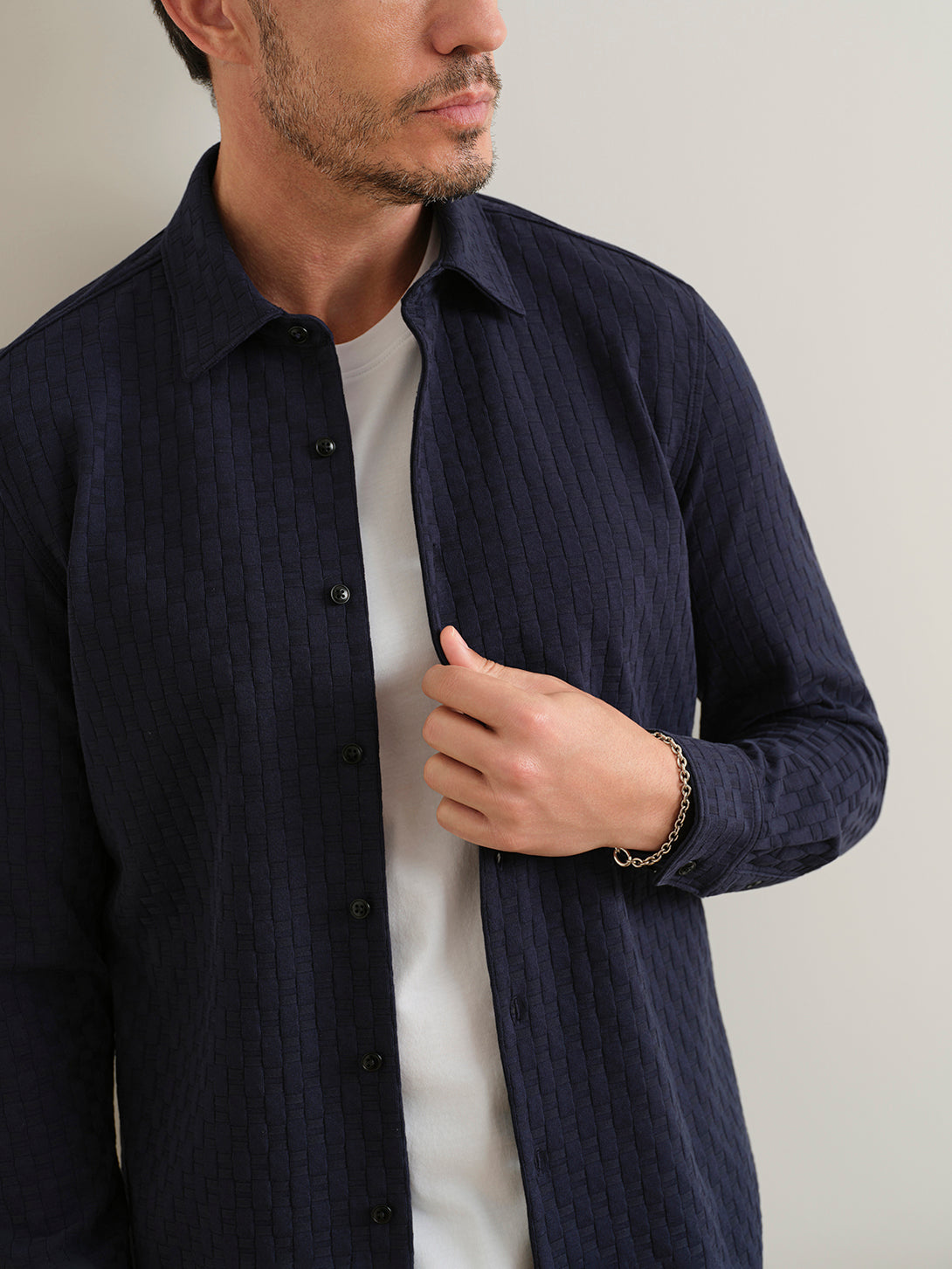 Dk Navy Darcy Geo Jacquard Shirt Mens Point Collar Button Up Woven Shirt ONS Clothing 