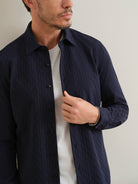 Dk Navy Darcy Geo Jacquard Shirt Mens Point Collar Button Up Woven Shirt ONS Clothing 