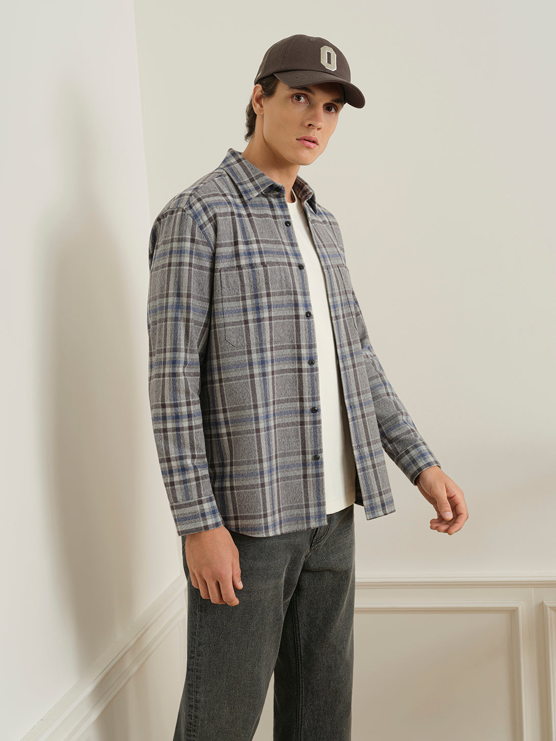 Charcoal/Dk Blue Check Varick Plaid Flannel Overshirt Mens Checkered Woven Button Up Shirt ONS Clothing