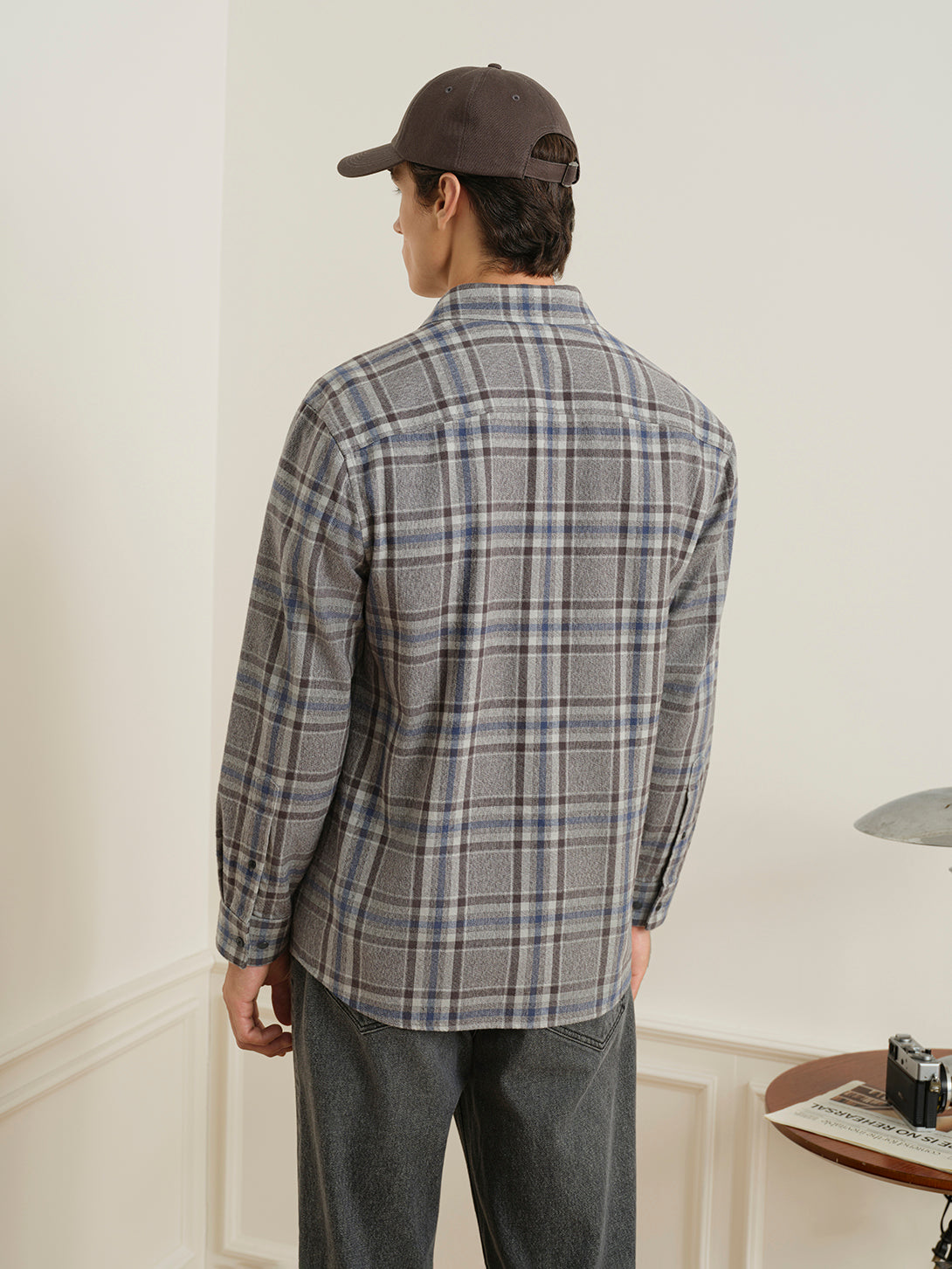 Charcoal/Dk Blue Check Varick Plaid Flannel Overshirt Mens Checkered Woven Button Up Shirt ONS Clothing