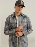 Charcoal/Dk Blue Check Varick Plaid Flannel Overshirt Mens Checkered Woven Button Up Shirt ONS Clothing