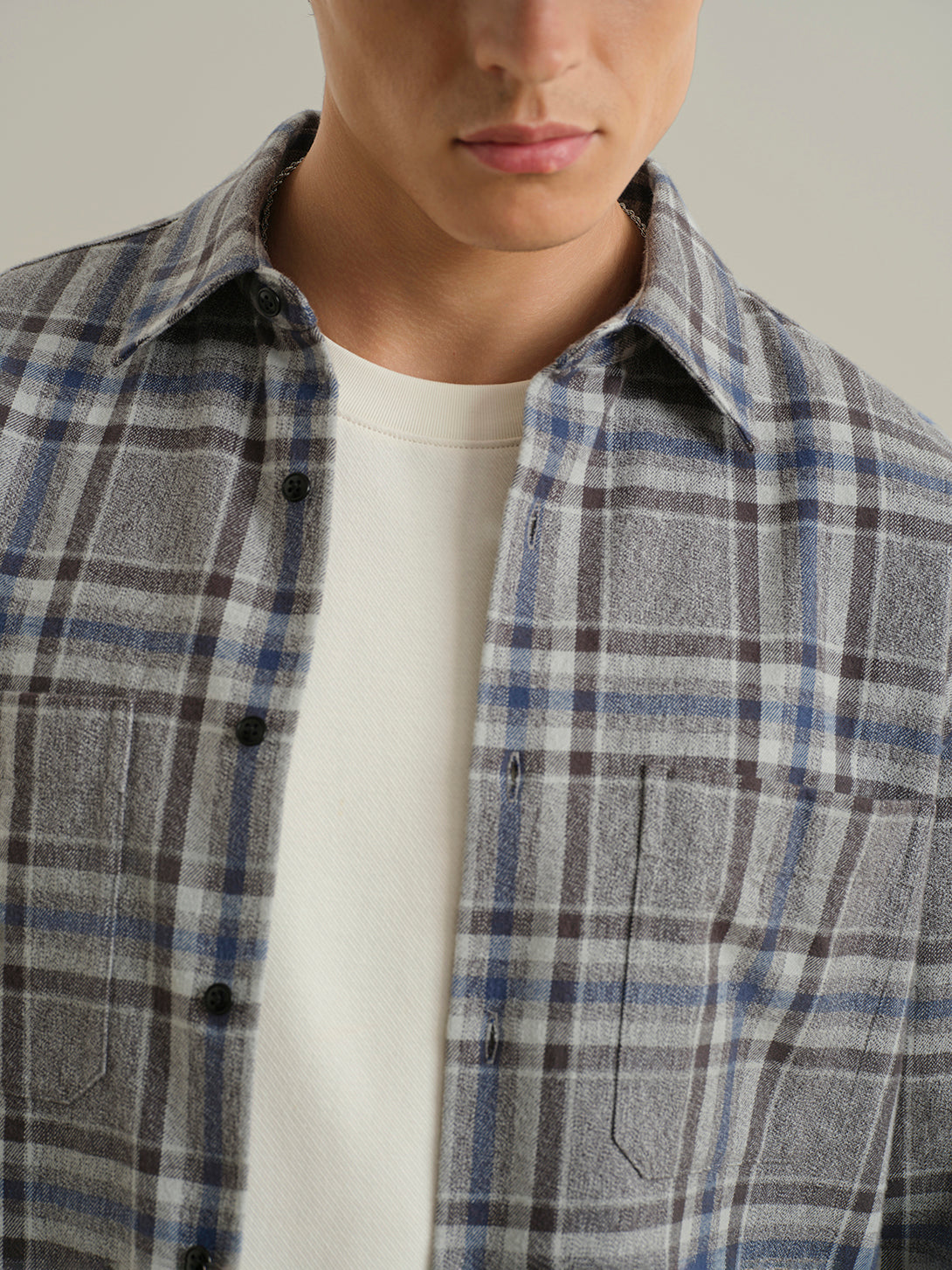 Charcoal/Dk Blue Check Varick Plaid Flannel Overshirt Mens Checkered Woven Button Up Shirt ONS Clothing