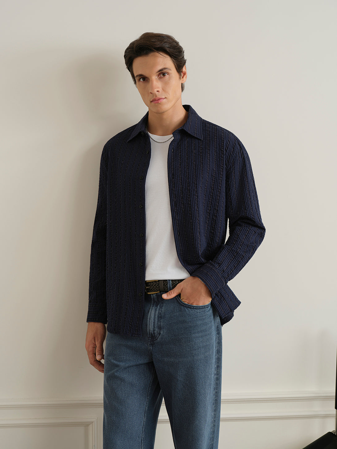 Dk Navy/Blue Stripe Varick Seersucker Stripe Overshirt Mens Spread Collar Seersucker Button Up Shirt ONS Clothing
