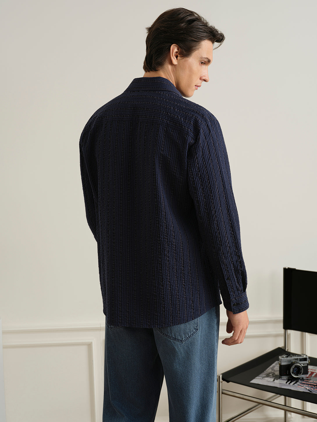 Dk Navy/Blue Stripe Varick Seersucker Stripe Overshirt Mens Spread Collar Seersucker Button Up Shirt ONS Clothing