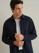 Dk Navy/Blue Stripe Varick Seersucker Stripe Overshirt Mens Spread Collar Seersucker Button Up Shirt ONS Clothing