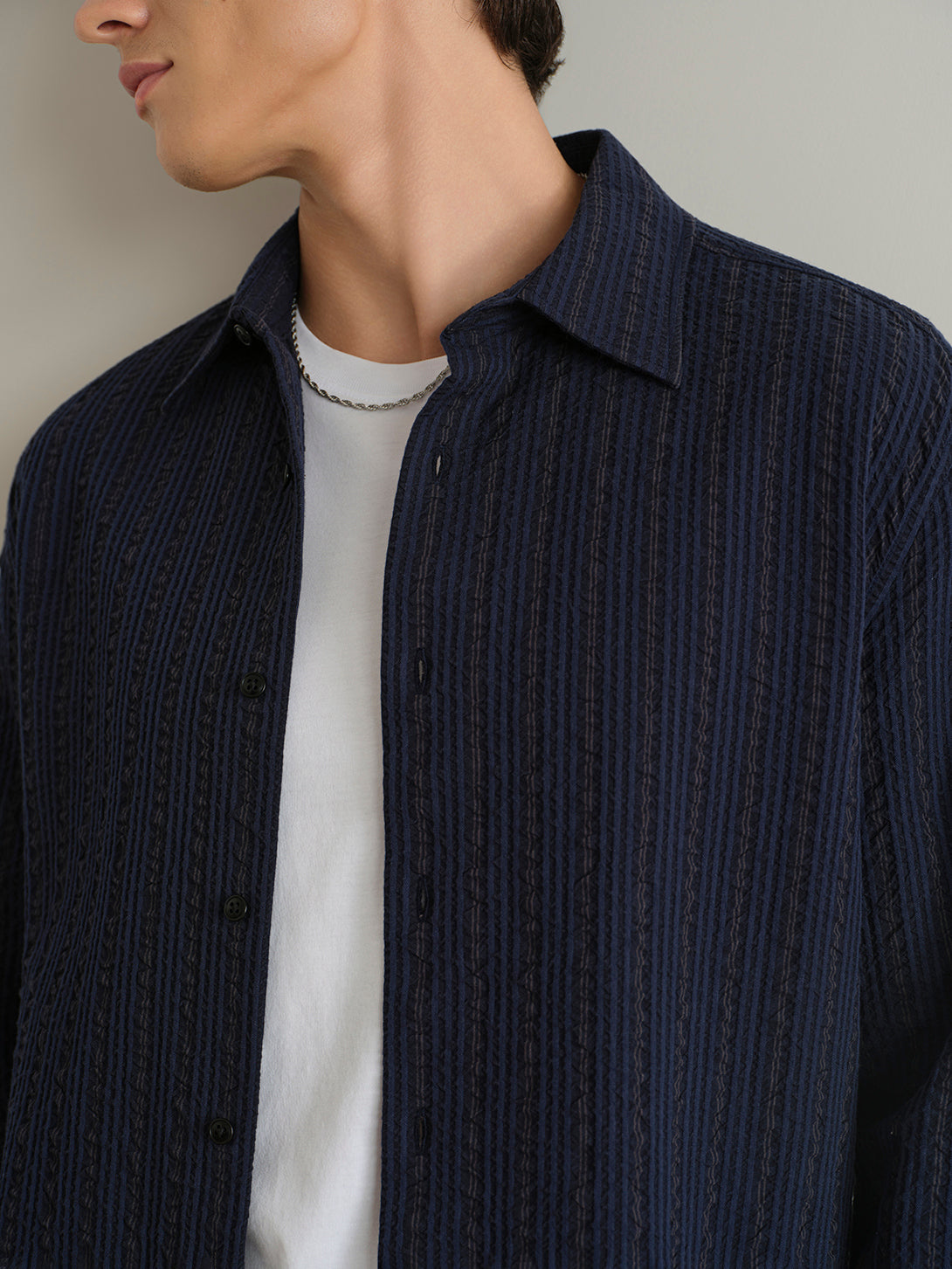 Dk Navy/Blue Stripe Varick Seersucker Stripe Overshirt Mens Spread Collar Seersucker Button Up Shirt ONS Clothing