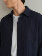 Dk Navy/Blue Stripe Varick Seersucker Stripe Overshirt Mens Spread Collar Seersucker Button Up Shirt ONS Clothing