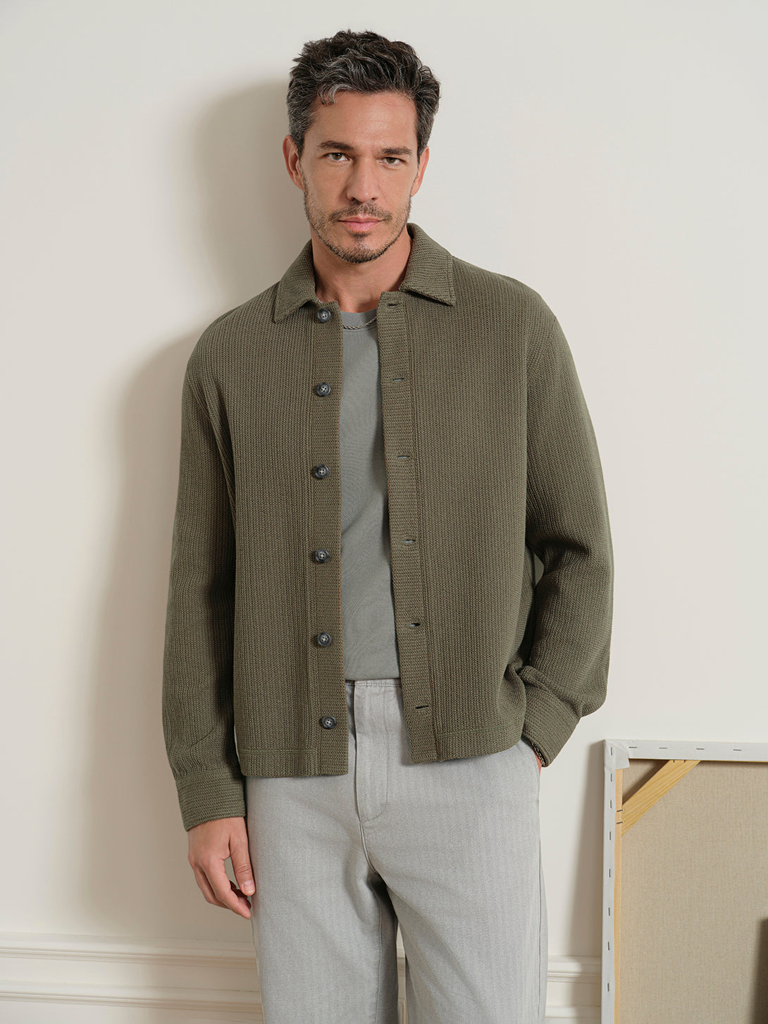 Olive Green Beacon Crochet Cardigan Mens Knit Button Up Cardigan Shirt ONS Clothing