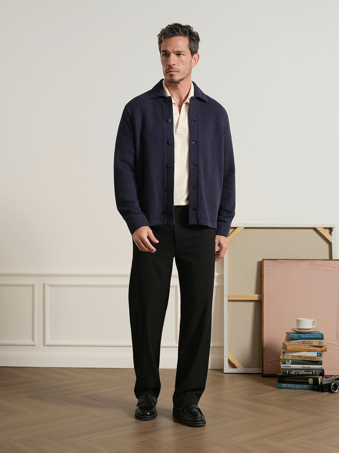 Navy Beacon Crochet Cardigan Mens Knit Button Up Cardigan Shirt ONS Clothing