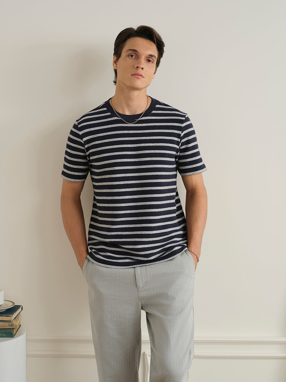 Navy/Grey Heather Stripe Alphabet Sculpted Stripe Tee Mens Crewneck T Shirt Heather Cotton Short Sleeve ONS Clothing 