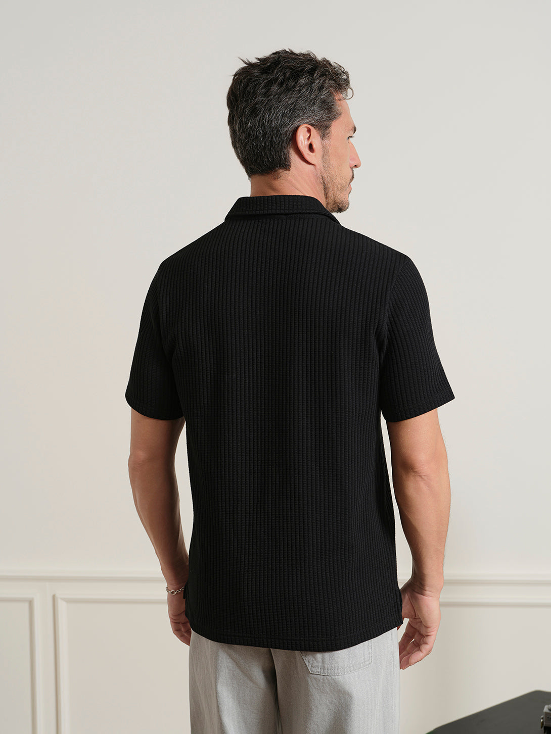 Black Bennett Jacquard Zip Polo Mens Quarter Zip Short Sleeve Polo Shirt Knit ONS Clothing 