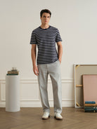 Navy/Grey Heather Stripe Alphabet Sculpted Stripe Tee Mens Crewneck T Shirt Heather Cotton Short Sleeve ONS Clothing 