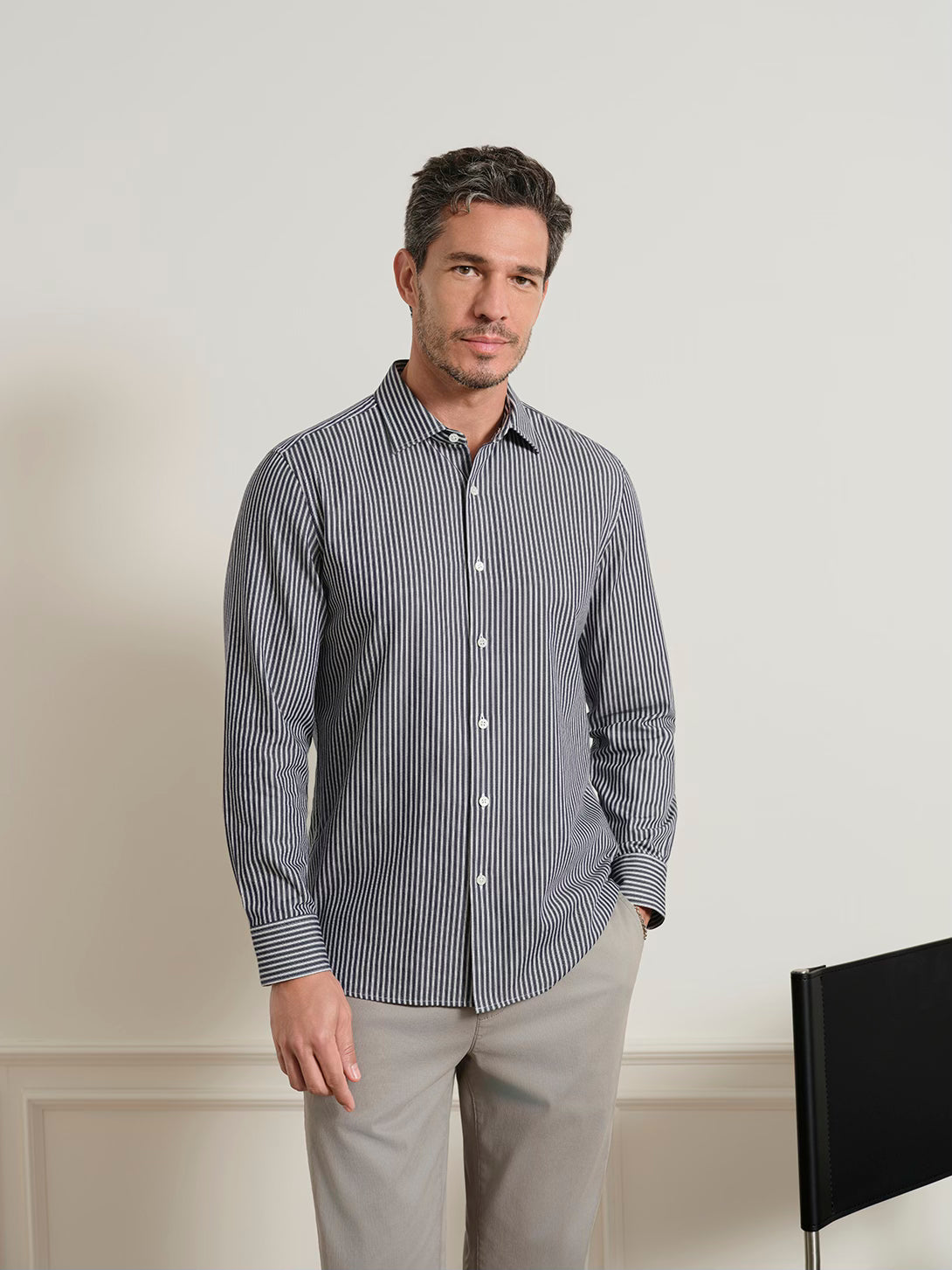Black/Bright White Stripe Adrian Chalk Stripe Shirt Mens Woven Dress Shirt Point Collar Striped Button Up ONS Clothing