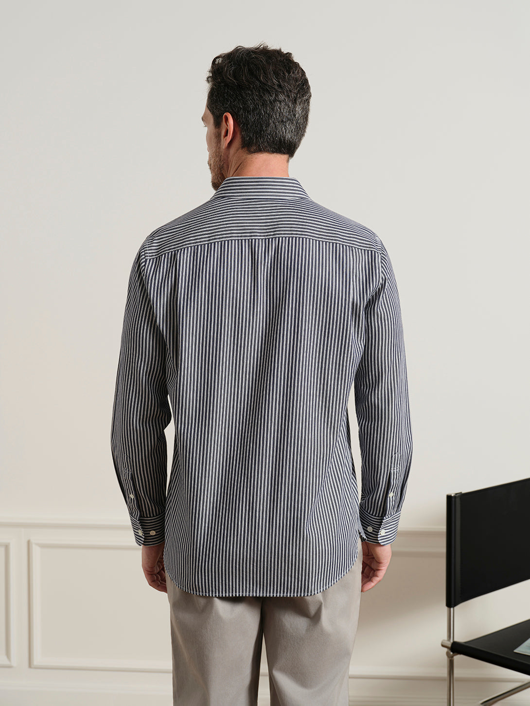 Black/Bright White Stripe Adrian Chalk Stripe Shirt Mens Woven Dress Shirt Point Collar Striped Button Up ONS Clothing