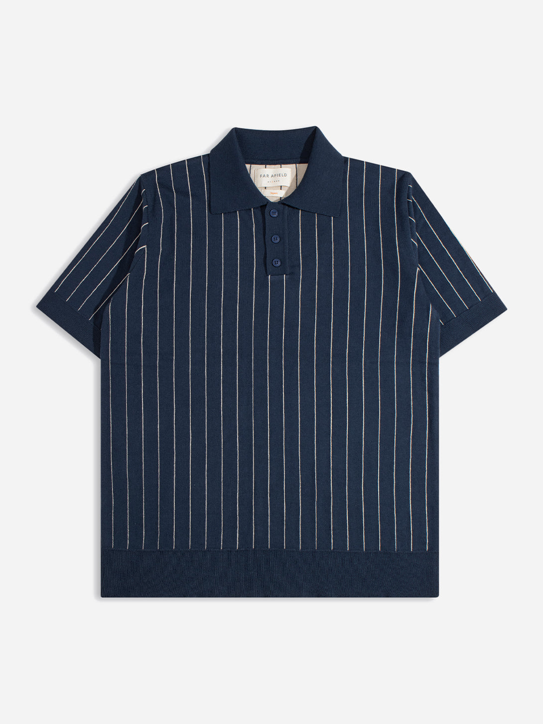 Navy / Sand Benny Knitted Polo - Pinstripe Mens Short Sleeve Pinstripe Polo Far Afield 