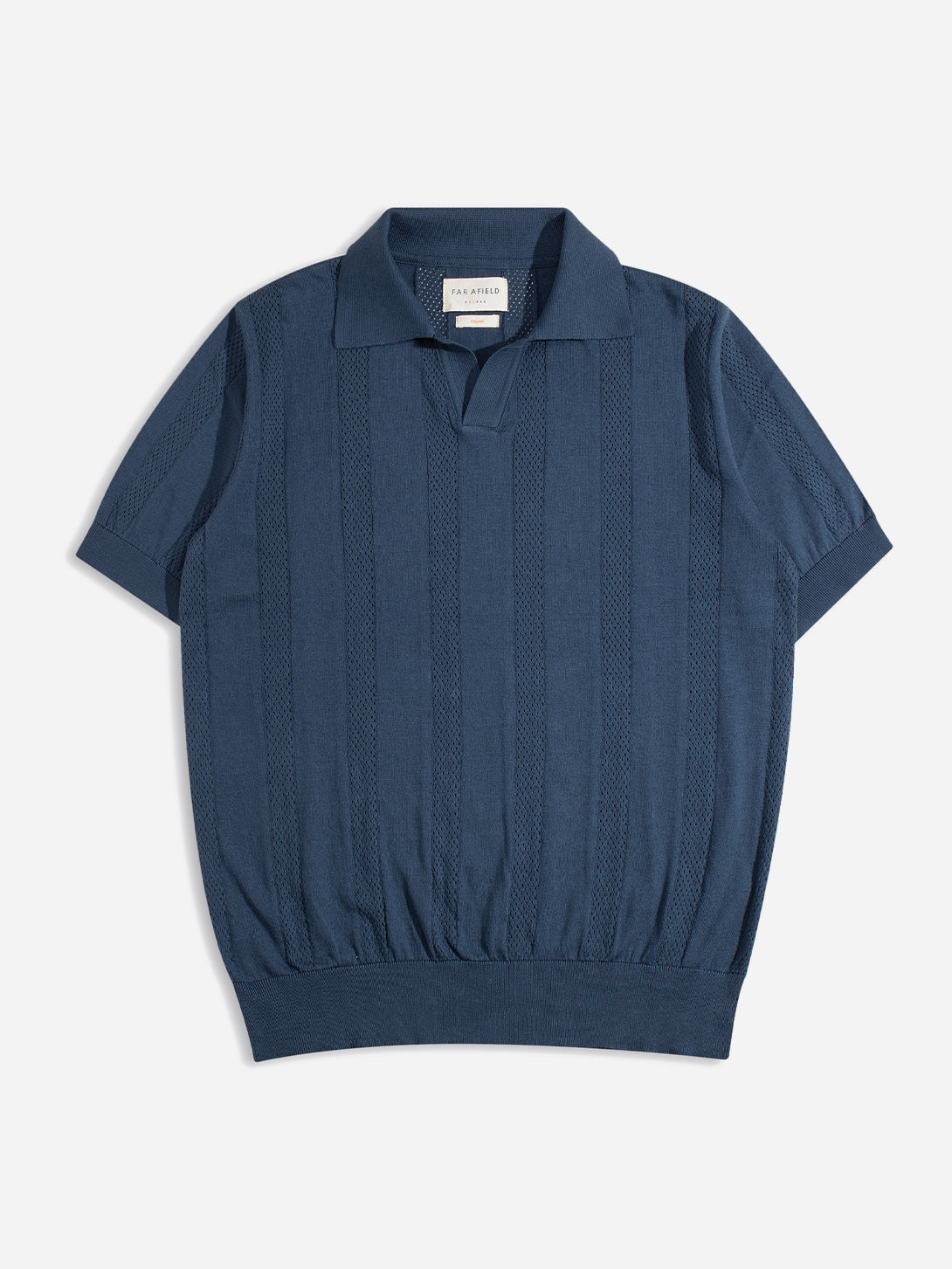 Perforated Blue Clifford Knitted Polo Mens Knit Polo Shirt Short Sleeve Far Afield 