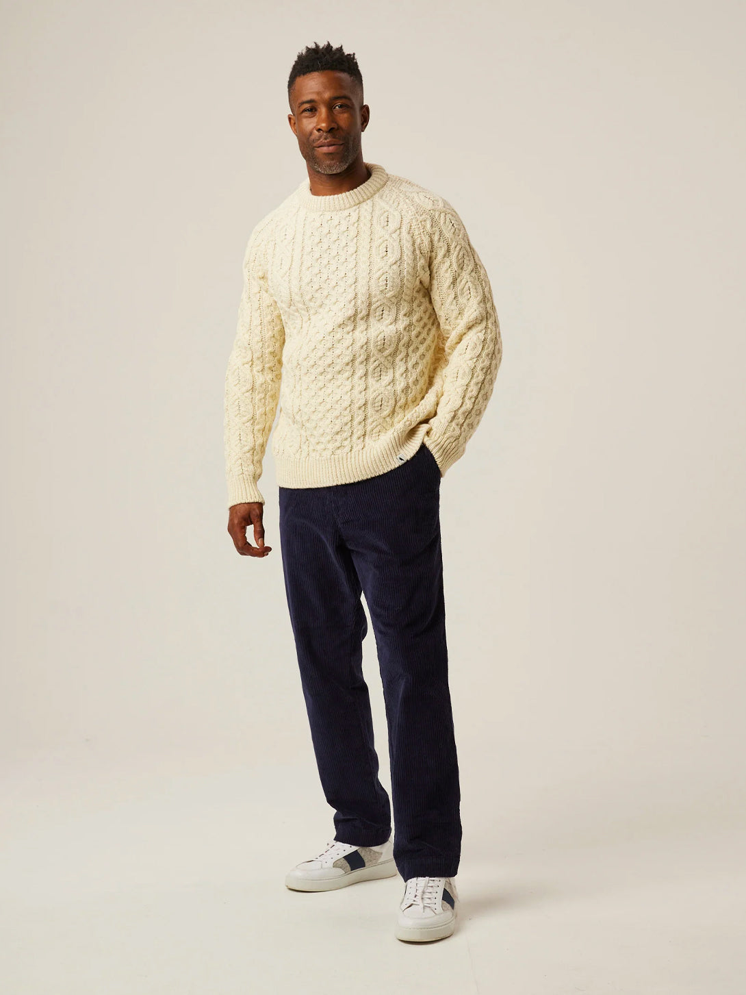 Cream Hudson Aran Mens Chunky Knit Crewneck Sweater