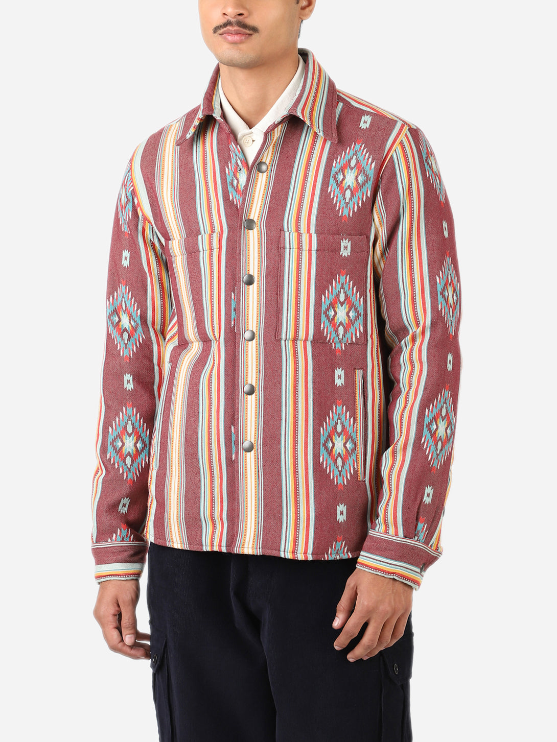 Wine Woody Jacket Mens Kardo Button Up Layering Jacket Striped Pattern Long Sleeve Outerwear