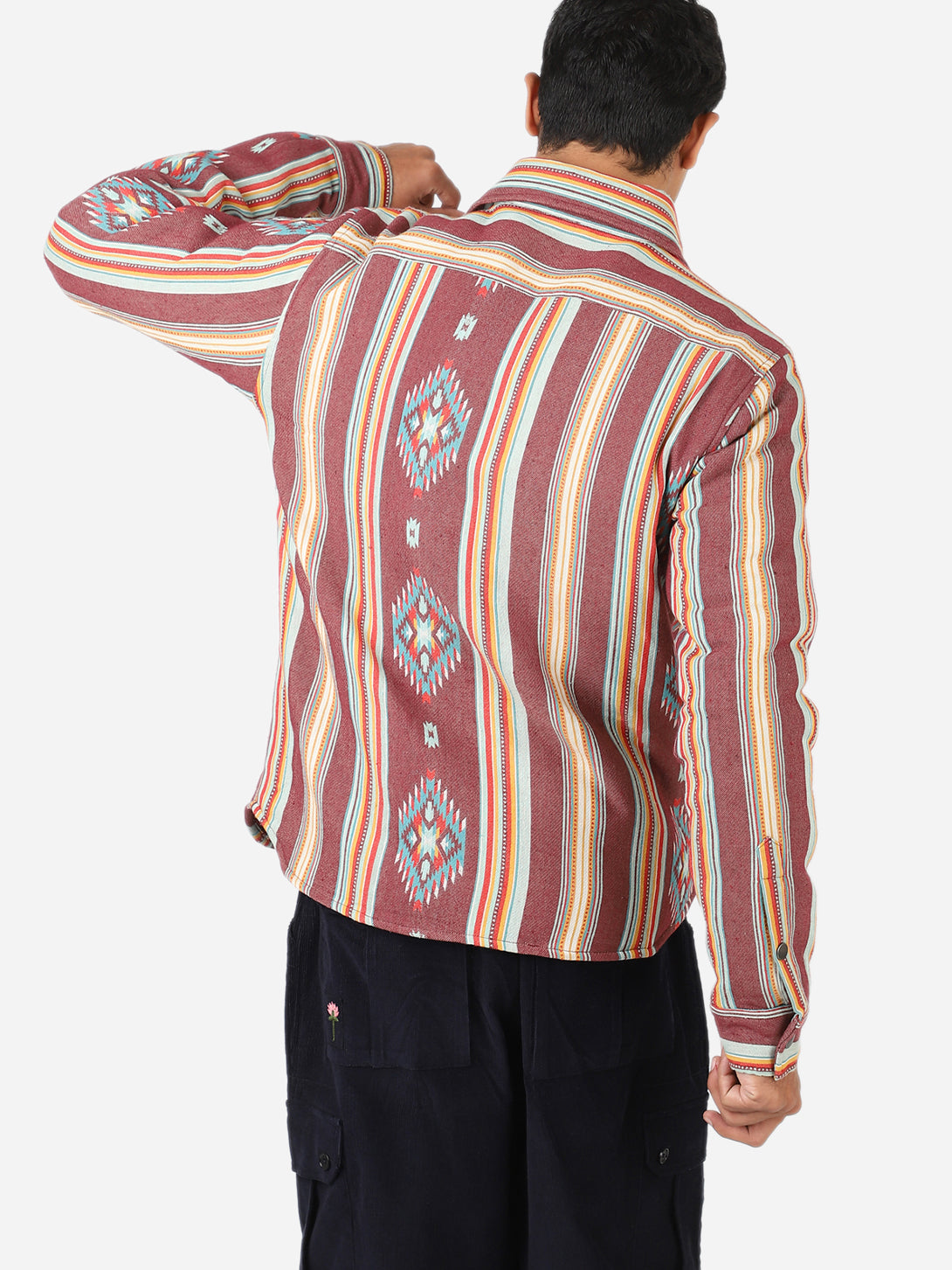 Wine Woody Jacket Mens Kardo Button Up Layering Jacket Striped Pattern Long Sleeve Outerwear