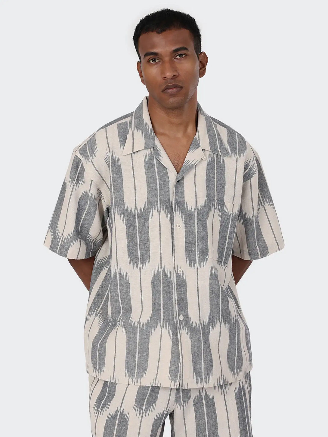 Natural Ikat Rohit Mens Pattern Camp Colalr Woven Shirt Kardo