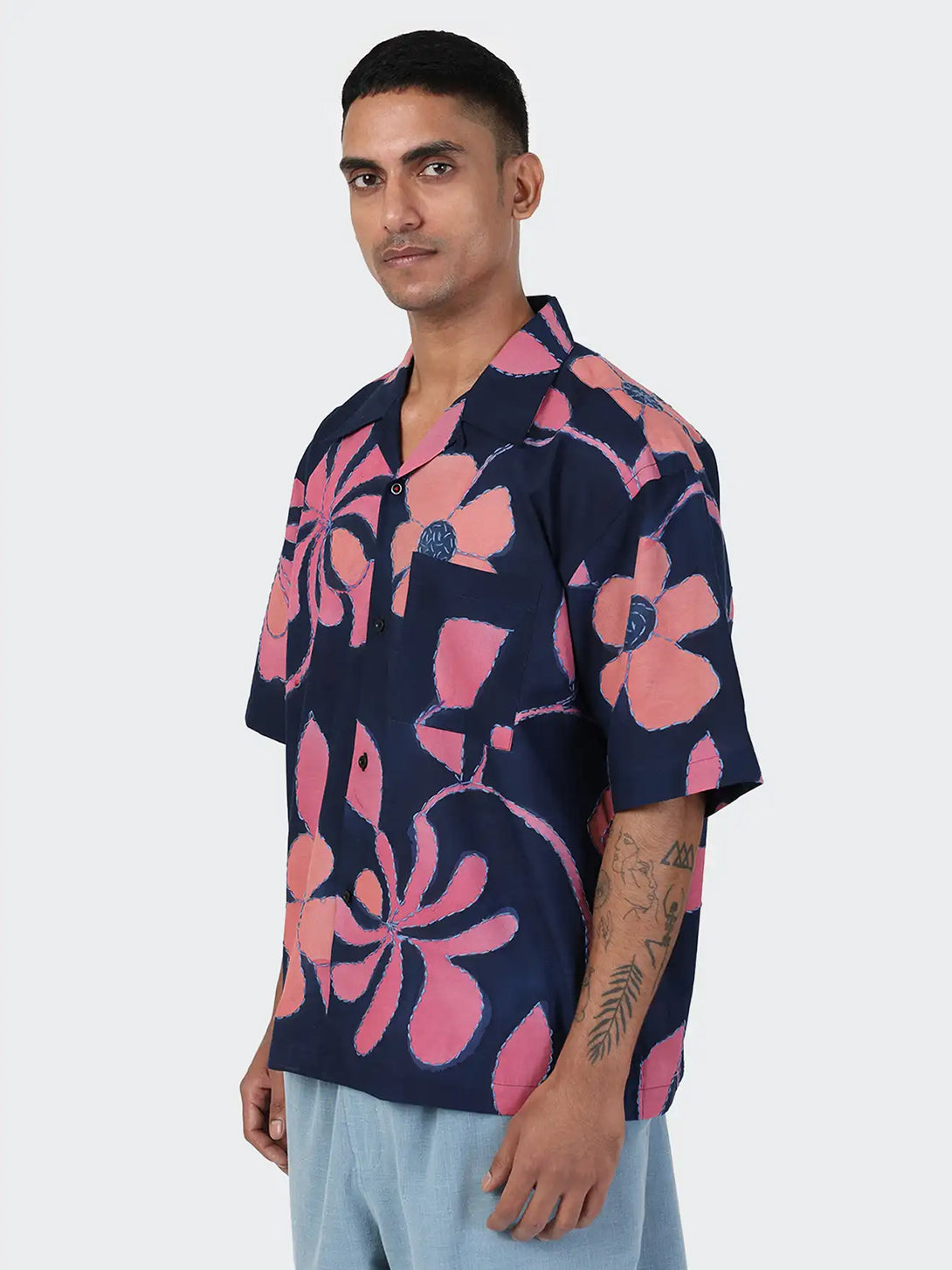 HPKSS2601NAVY Rohit Mens Pattern Camp Colalr Woven Shirt Kardo