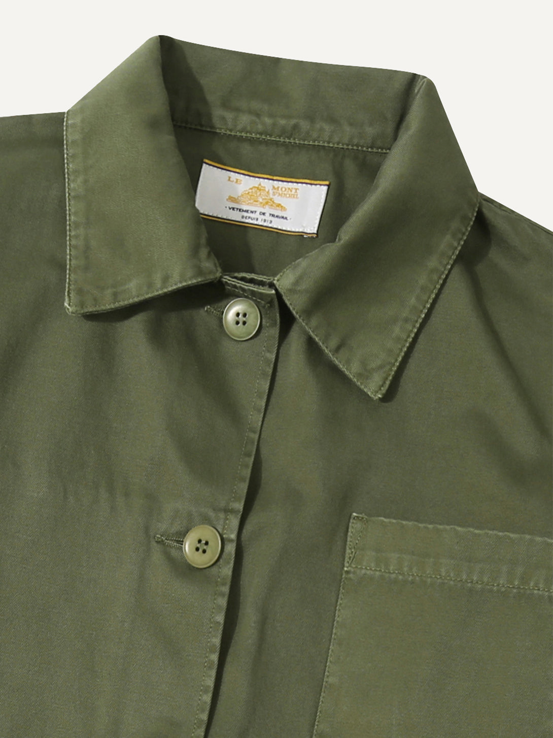 Olive Garbardine Work Jacket Button Up Collared Outerwear Le Mont St Michel Clothing 