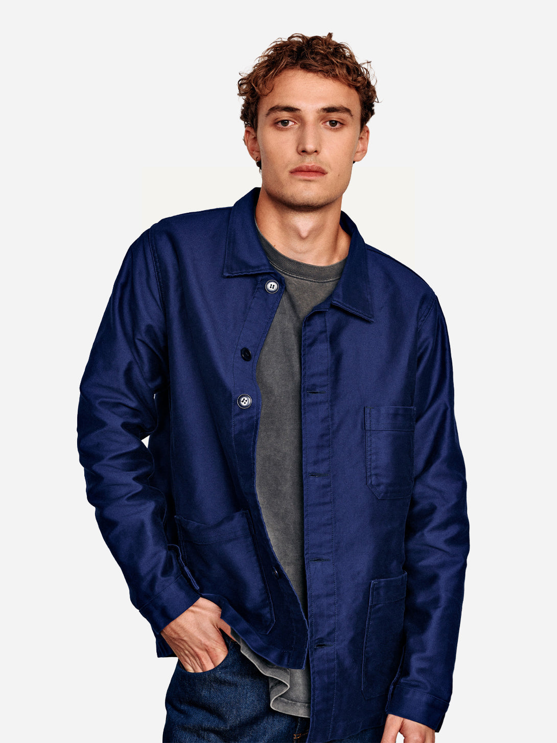 Blue Moleskin Work Jacket Outerwear Wax Jacket Button Up Collared Coat Le Mont St Michel Clothing 
