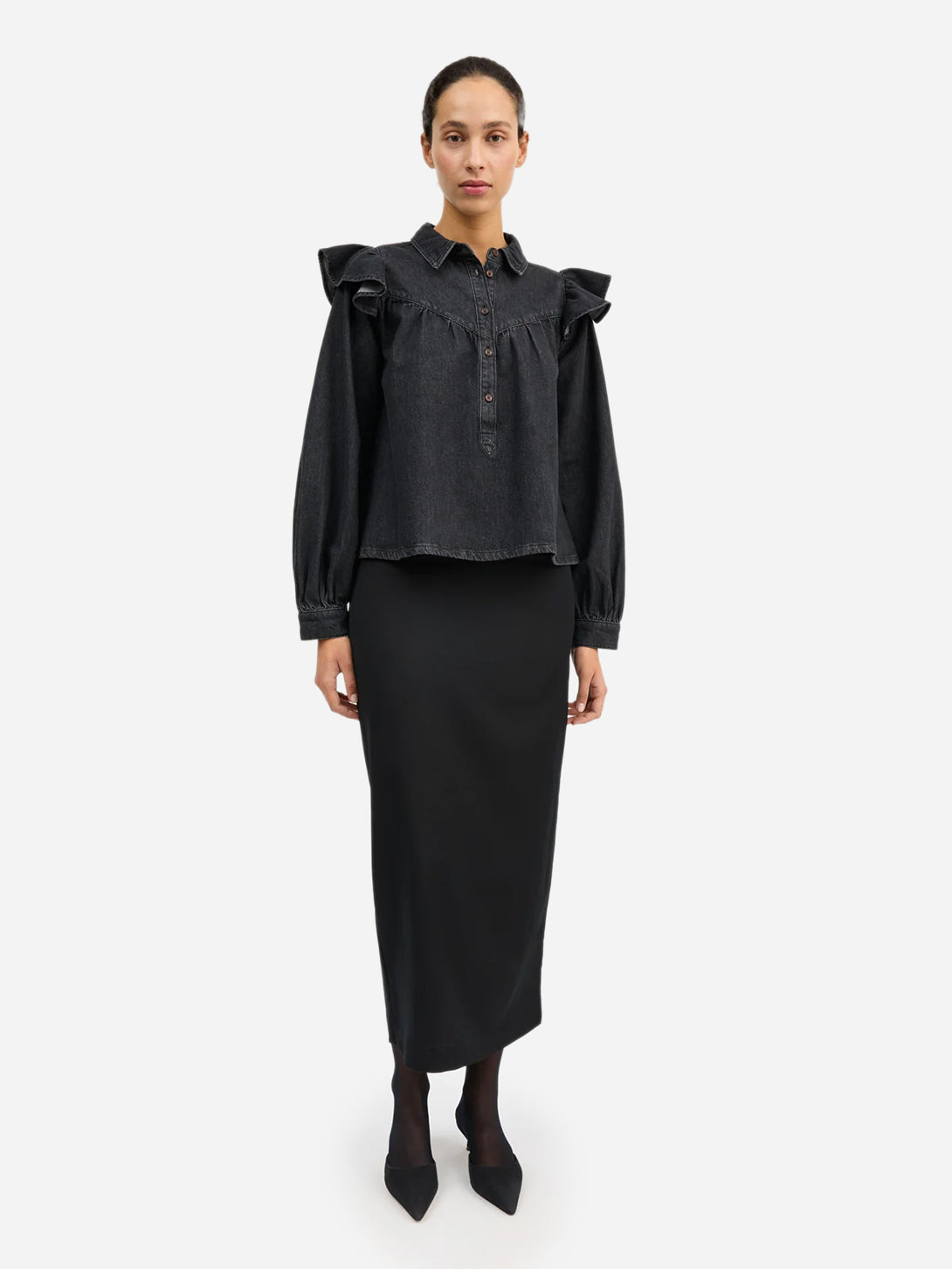 Black Mille Blouse Skall Studio Womens Long Sleeve Cotton Shirt 