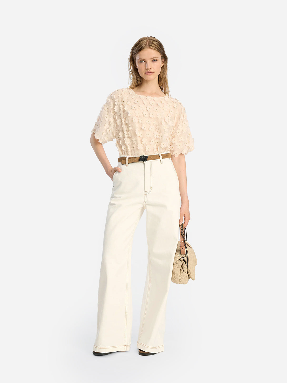 Creme Bossi Womens Cropped Short Sleeve Loose Fit Shirt Munthe Womens Clothing 