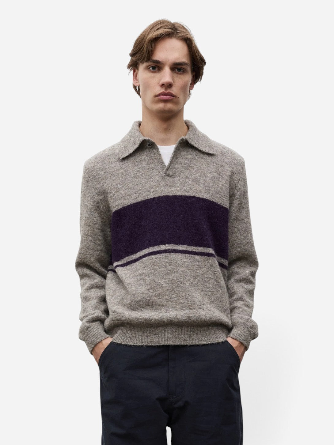 Walnut Gudme Baby Alpaca Stripe Polo Mens Long Sleeve Polo Norse Projects 