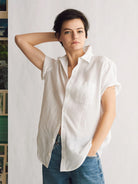 Heatwave White, Covered Buttons The Studio Shirt Womens Woven Short Sleeve Shirt Naomi Nomi 